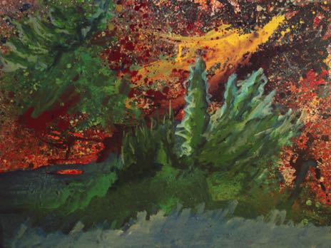 Sue W, abstract "Fern and Lichens by Stream" 30x40